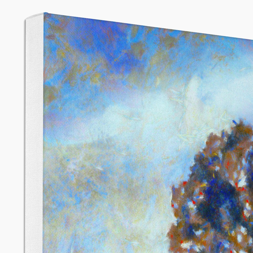 Blue and white abstract winter highland tree canvas art with textured brushstrokes