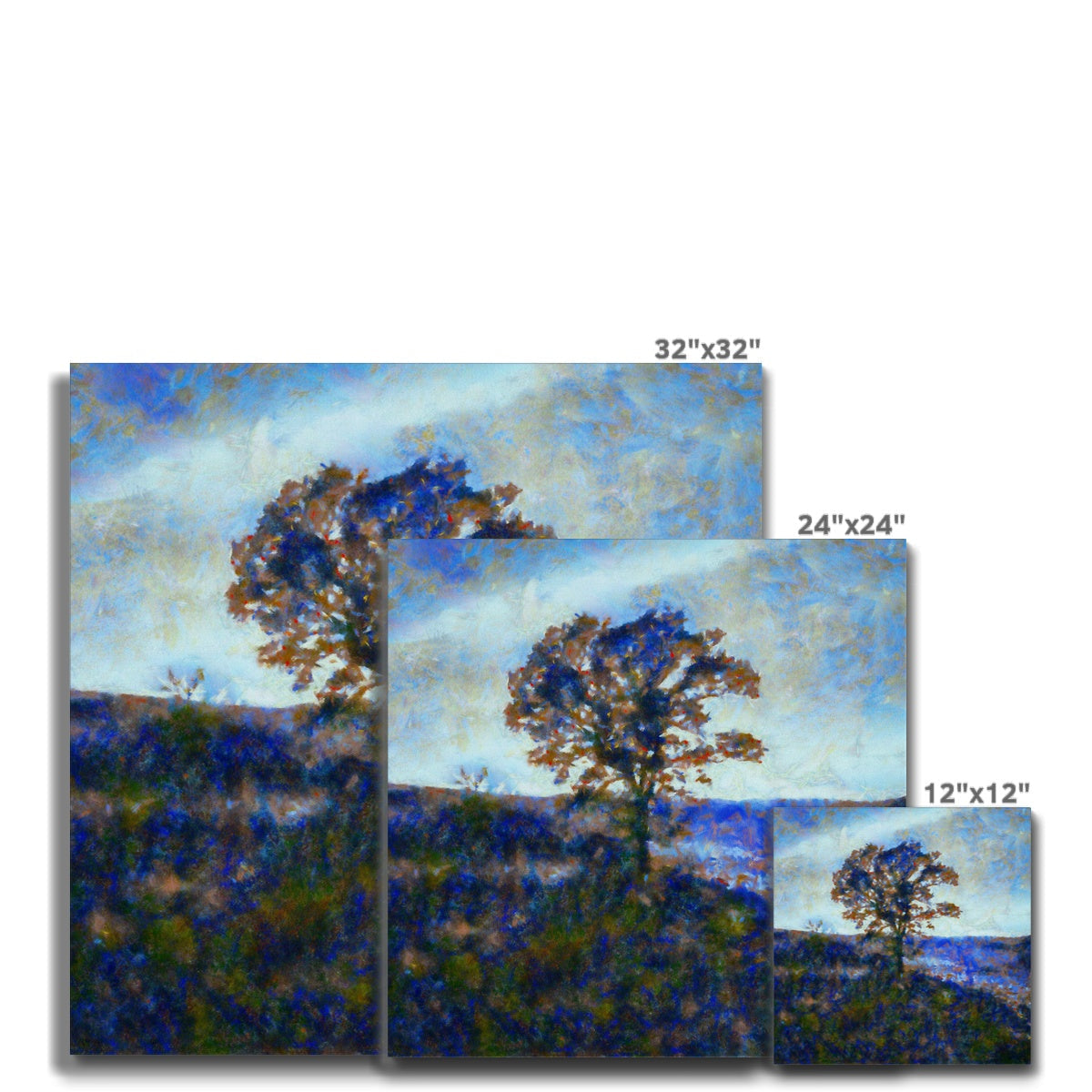 32x32 inch canvas print of autumn tree in deep blues and greens under overcast sky