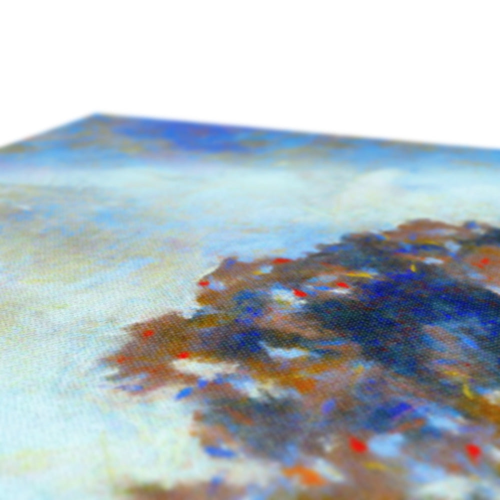 Blue and white abstract winter highland tree canvas print with textured brushstrokes