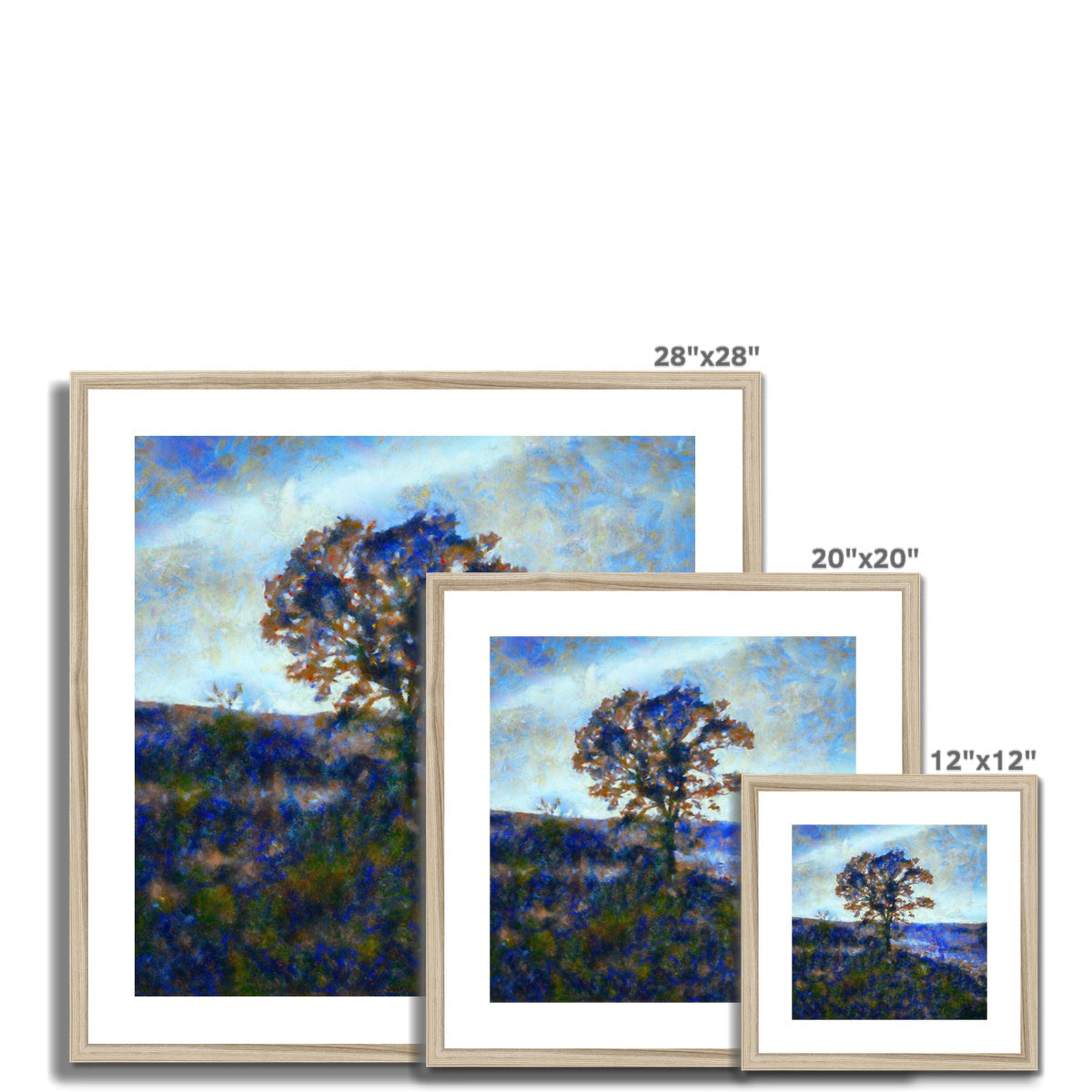 28x28 Framed Winter Highland Tree Landscape Painting in Blue-Green Hues