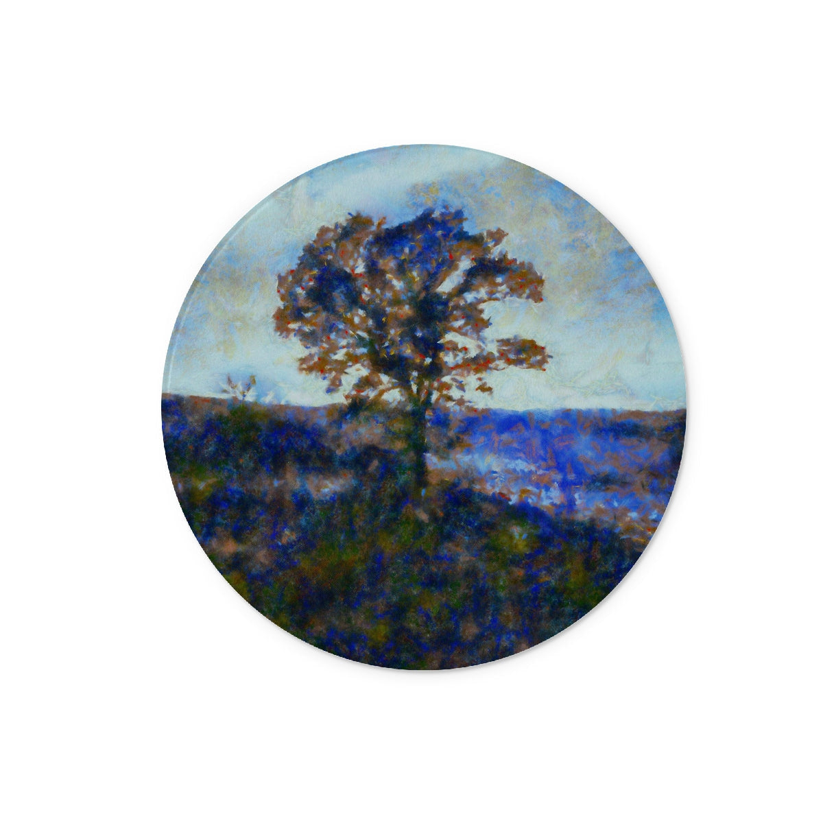 Autumn leaf tree sticker on Winter Highland Tree chopping board