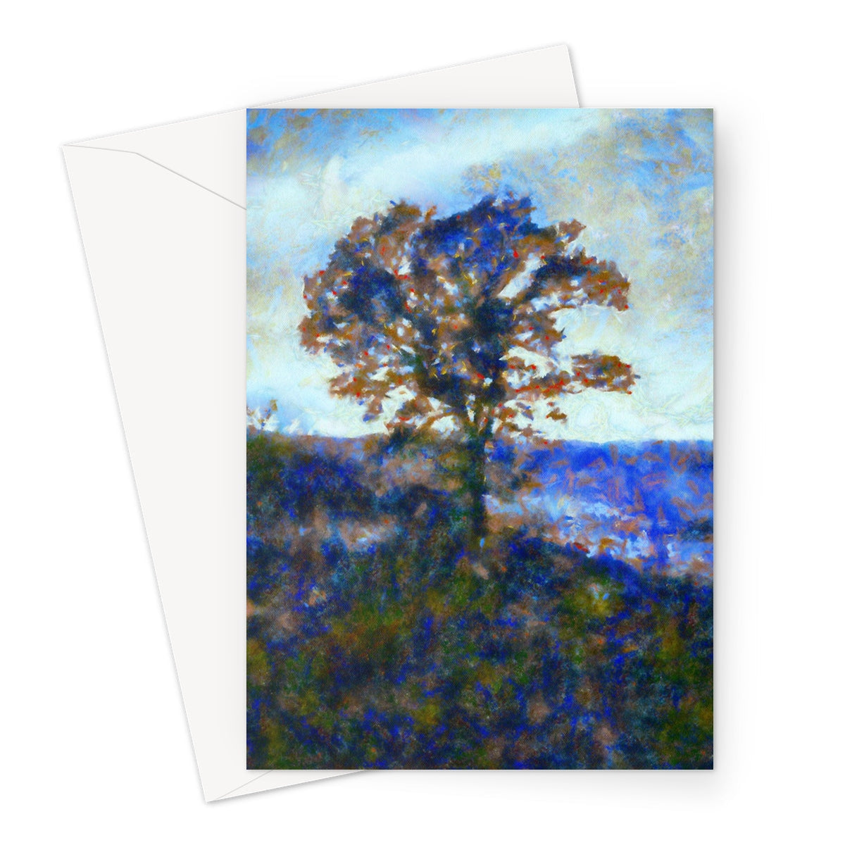 Autumnal winter highland tree greeting card with vibrant foliage