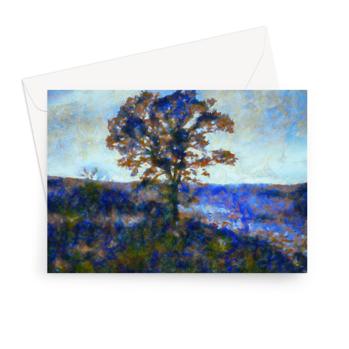 A Winter Highland Tree greeting card in blue and brown with envelope