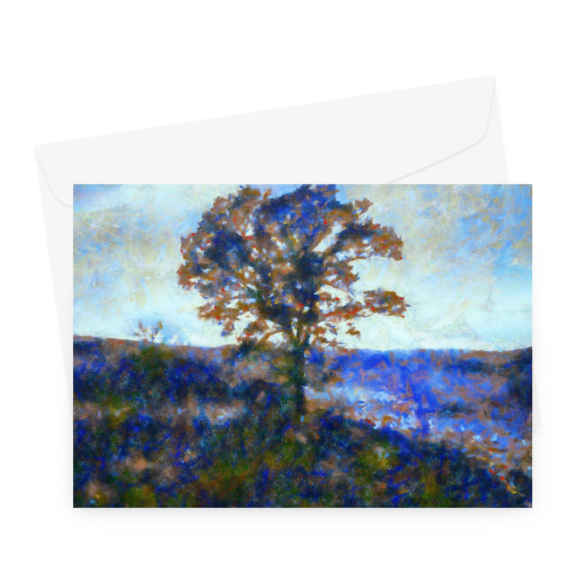 A Winter Highland Tree greeting card with autumn leaves and blue sky