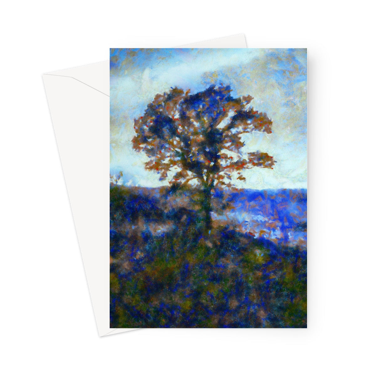 Blue and brown winter highland tree greeting card with envelope