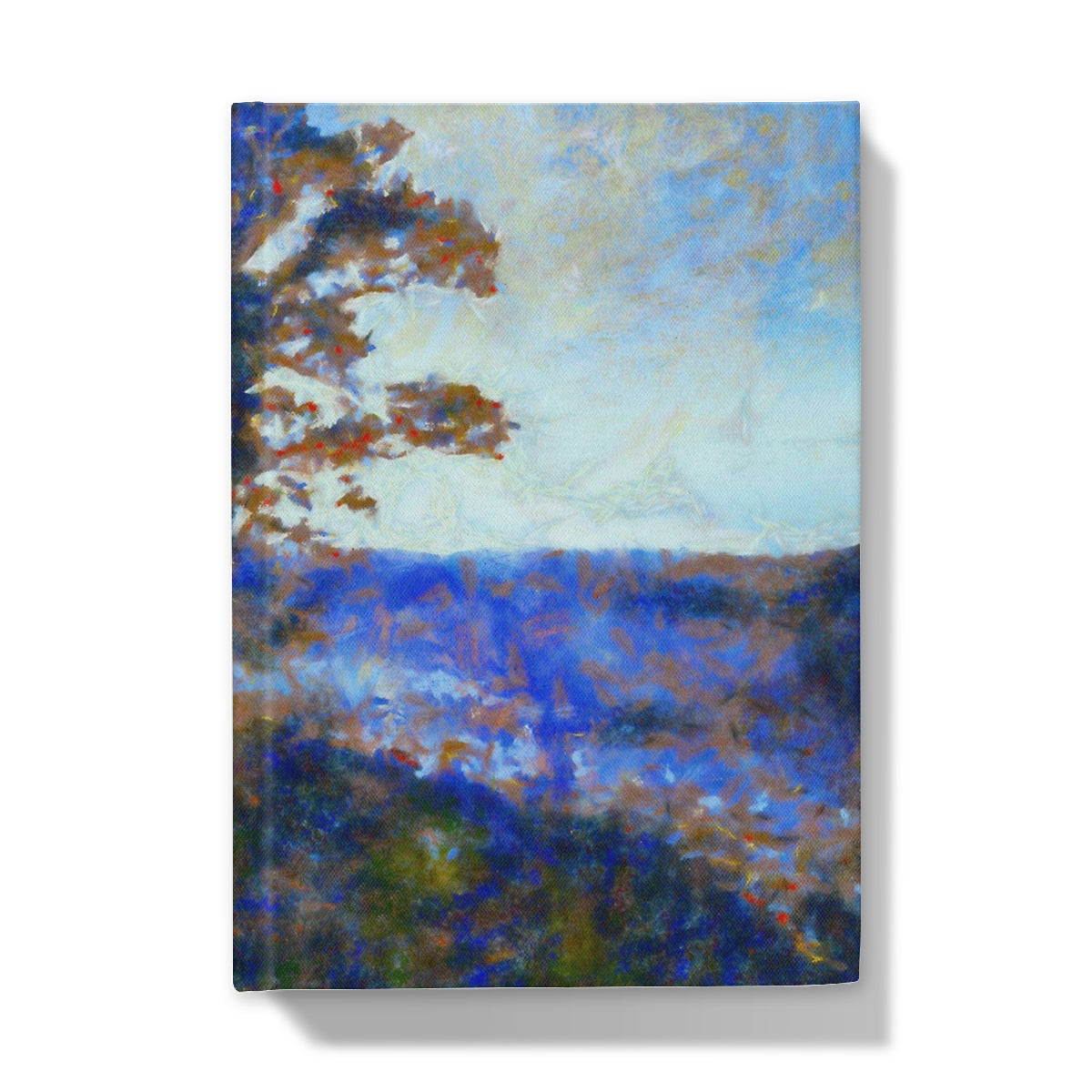 Blue and white abstract landscape with textured brushstrokes on Winter Highland Tree journal