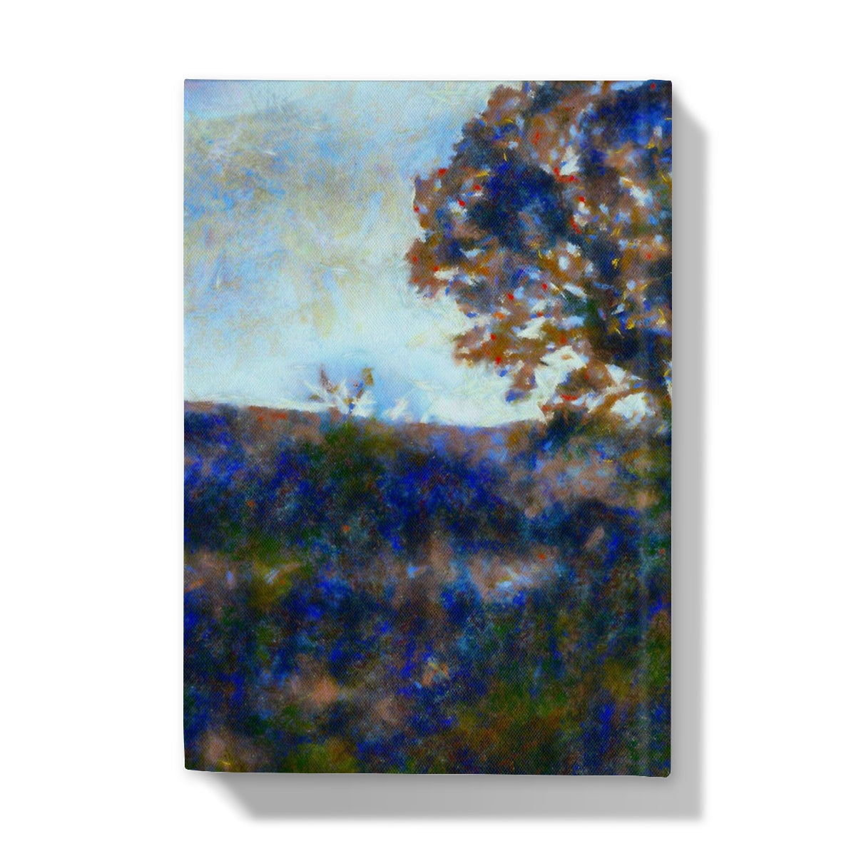 Blue green abstract Monet-style tree landscape on winter highland journal