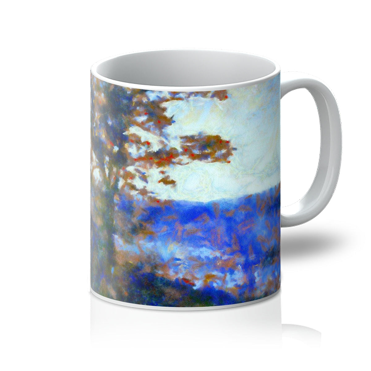 A Winter Highland Tree Mug with abstract landscape in earthy tones and blue hues