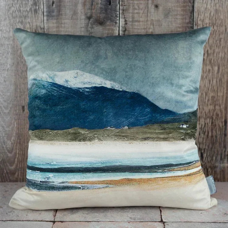 Winter Luskentyre square cushion with Cath Waters Scottish landscape print