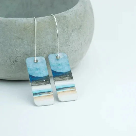 Winter Luskentyre rectangular enamel earrings with coastal landscape design
