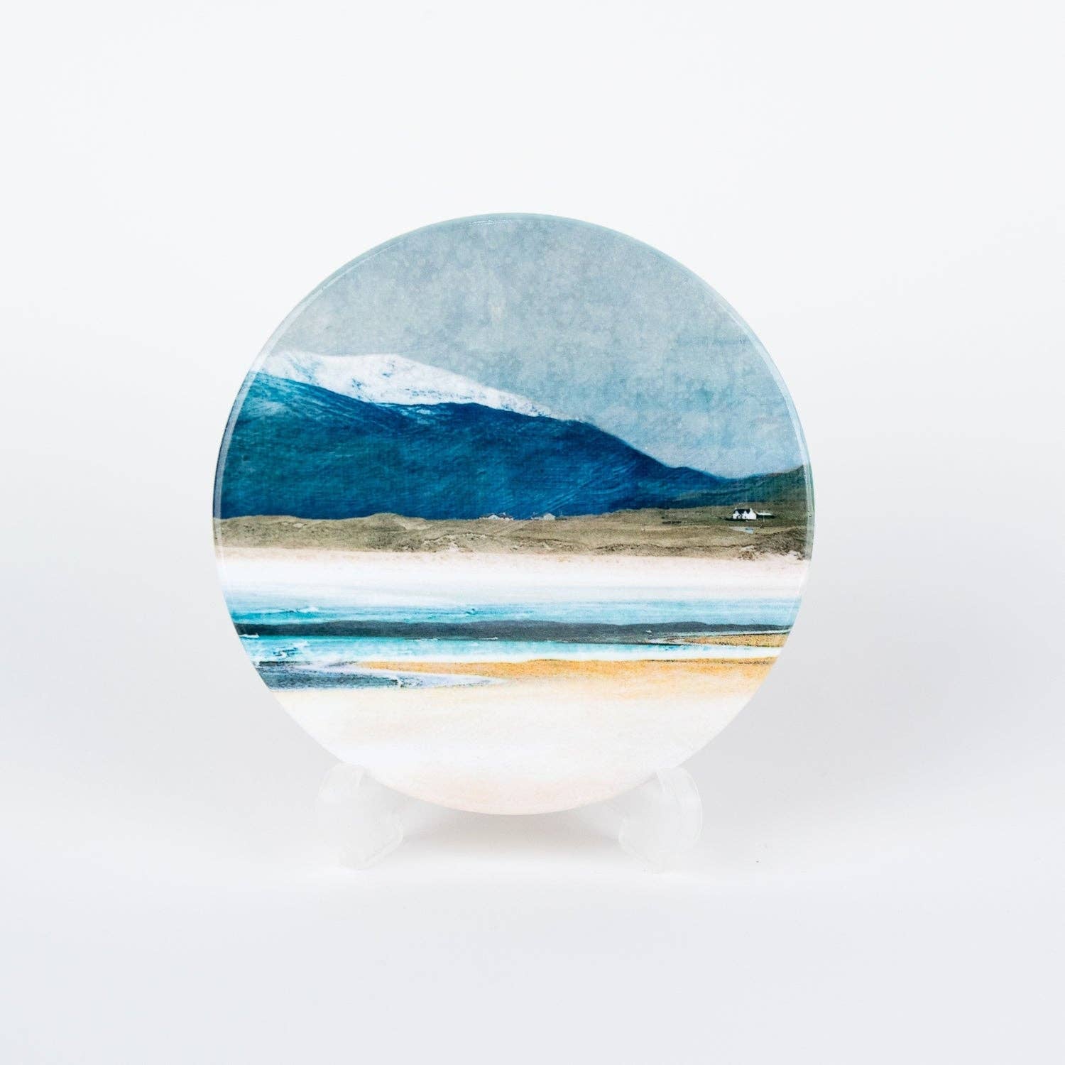Winter Luskentyre Isle of Harris ceramic coaster with painted landscape of mountains, water, and sand in blues, whites, and earthy tones