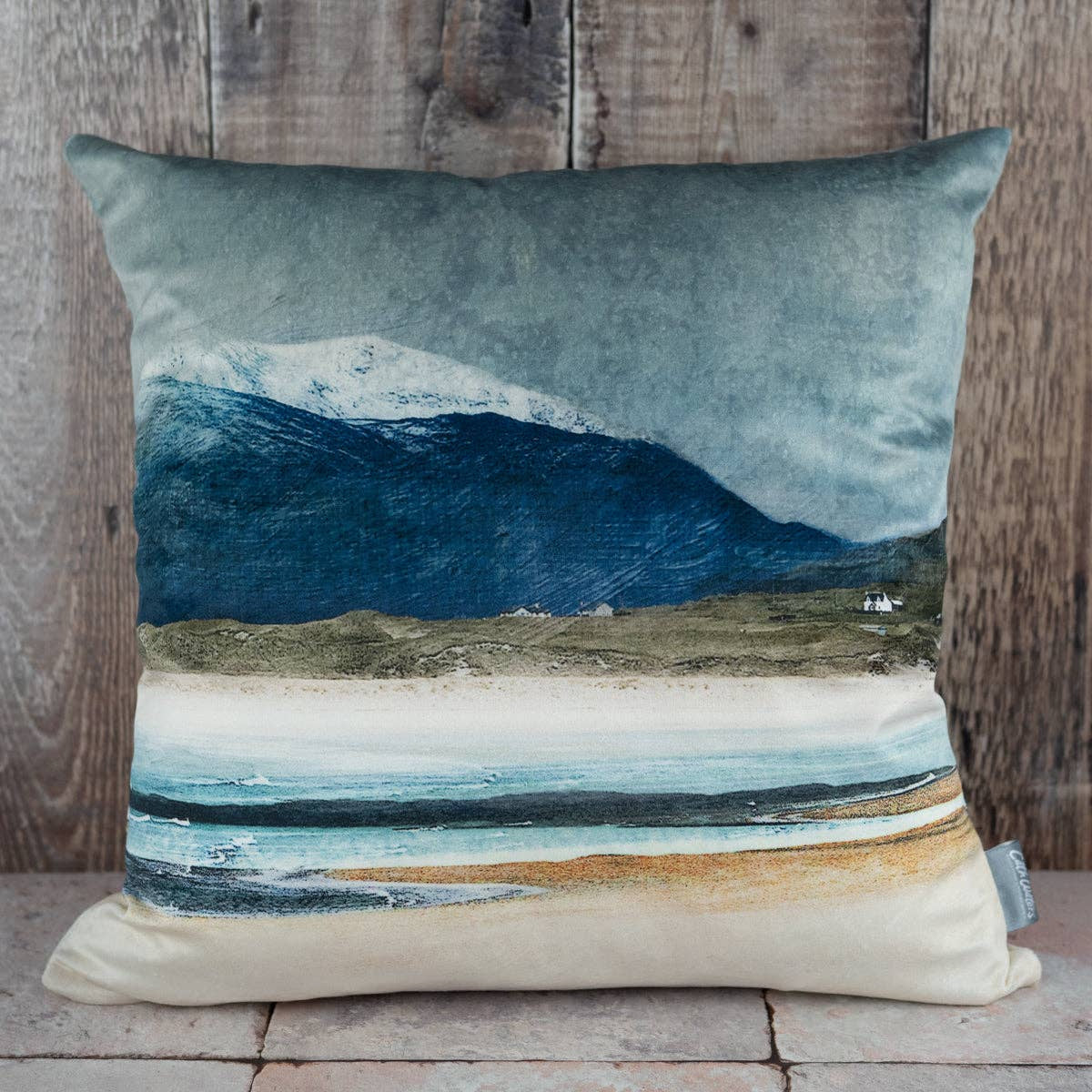 Winter Luskentyre Isle of Harris velvet cushion with muted mountain landscape