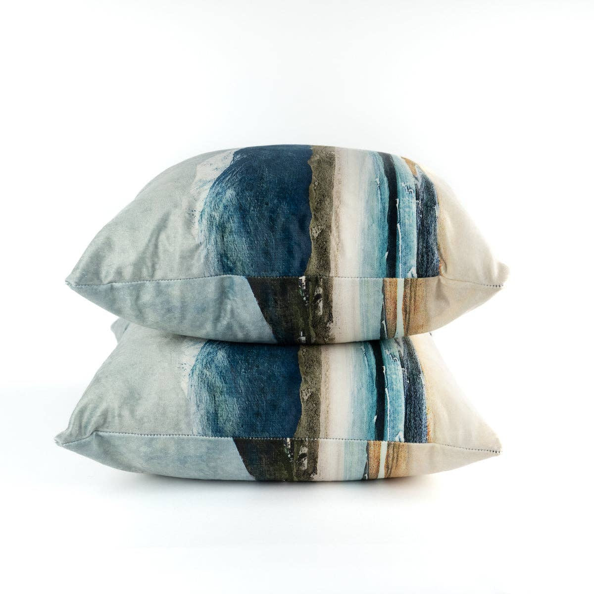 Winter Luskentyre Isle of Harris velvet cushion with abstract coastal brushstrokes