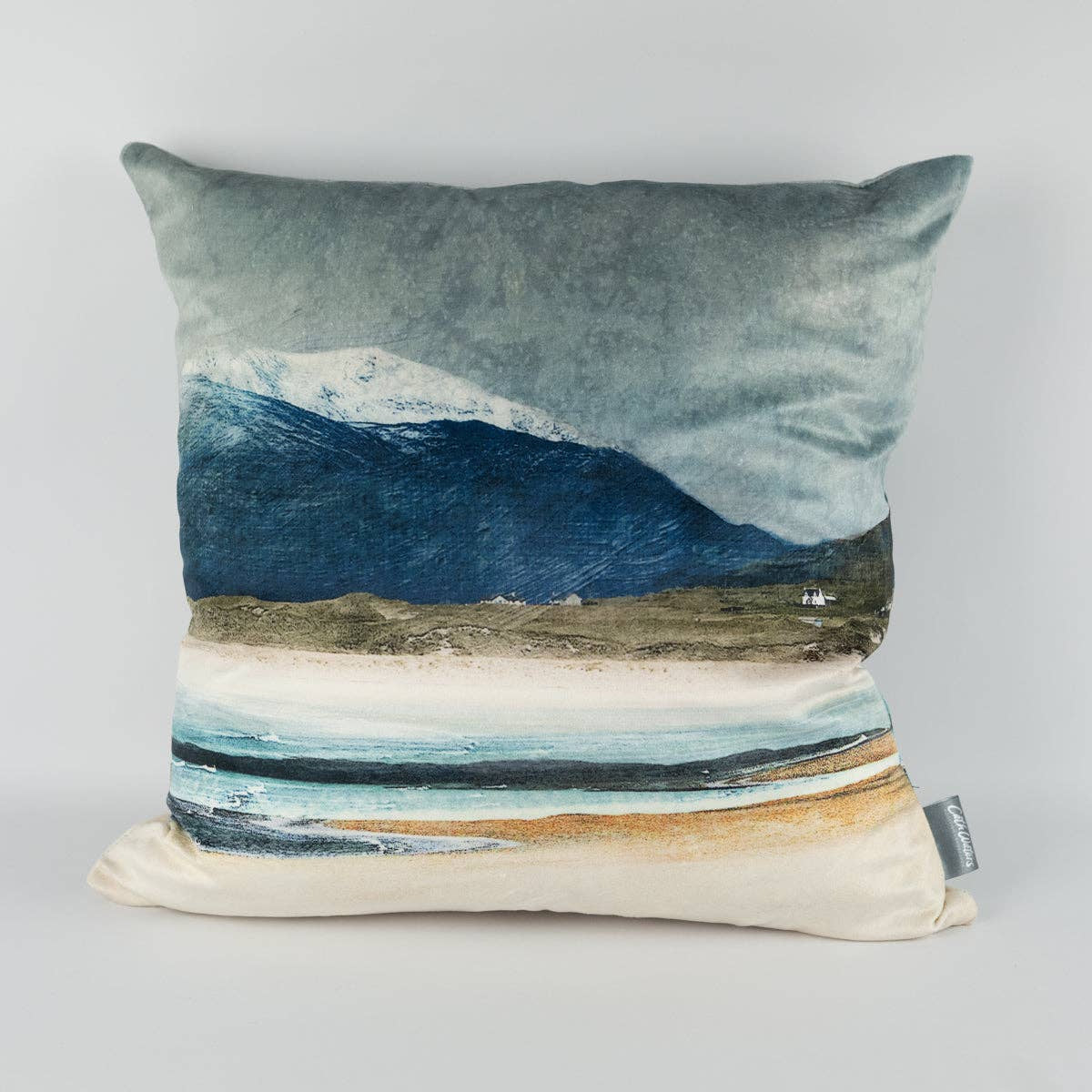 Winter Luskentyre Isle of Harris velvet cushion with snowy mountains, blue waters, sandy shores in muted tones
