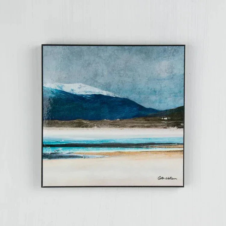 Winter Luskentyre wood block print of coastal landscape with turquoise water and snowy peaks
