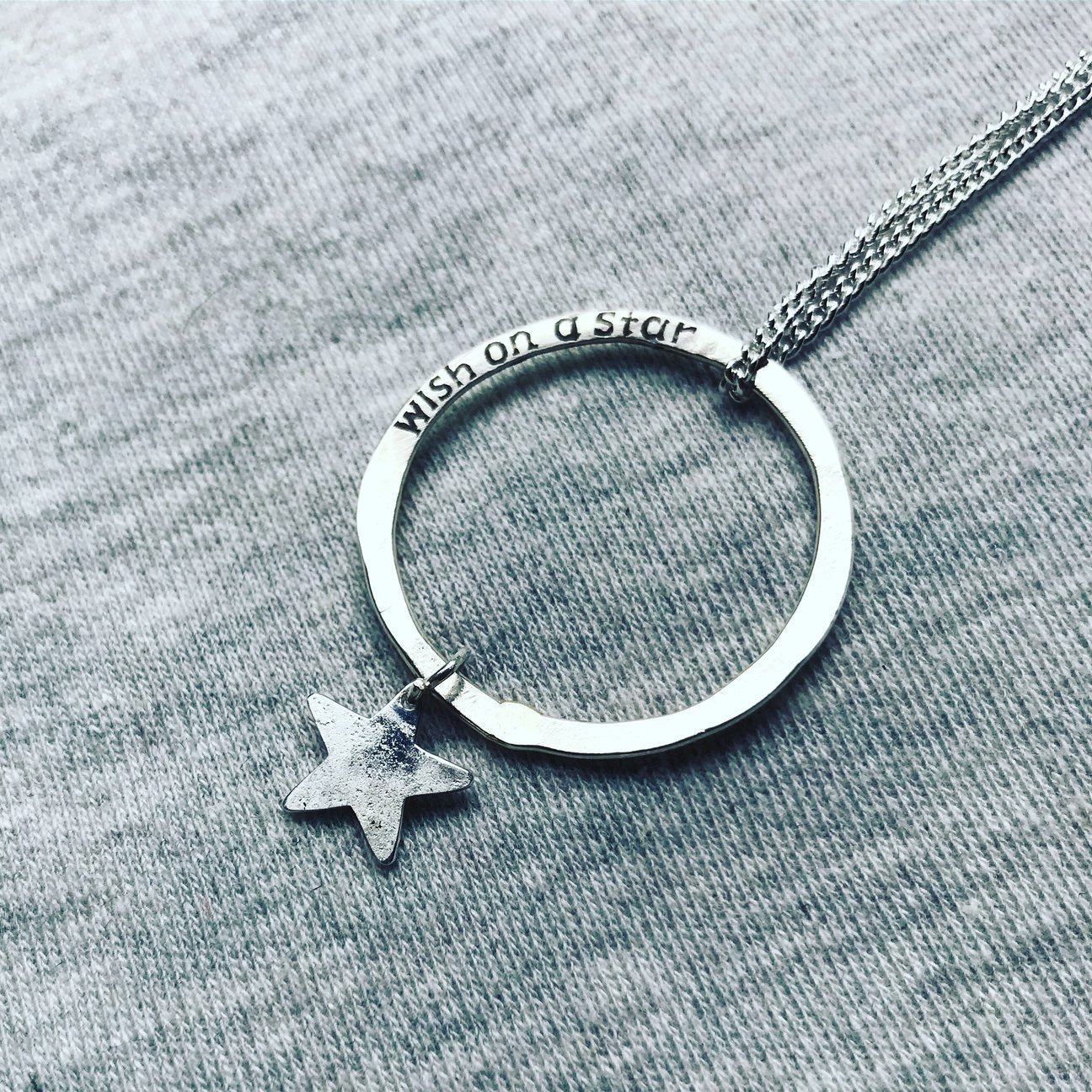 Silver Wish on a Star hoop necklace with engraved pendant and star charm