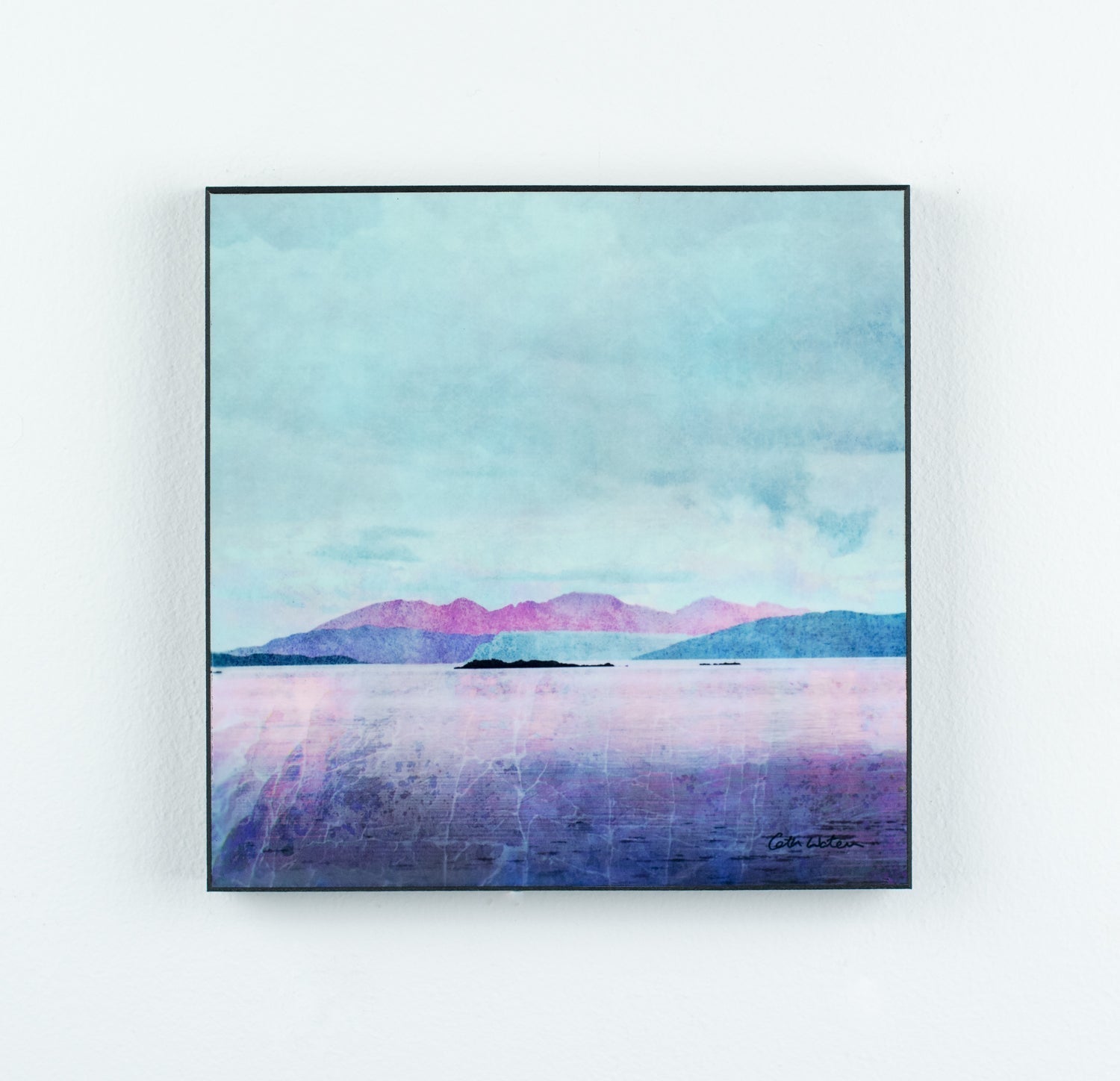 Serene watercolor landscape in wood block print Arran Bute by Cath Waters