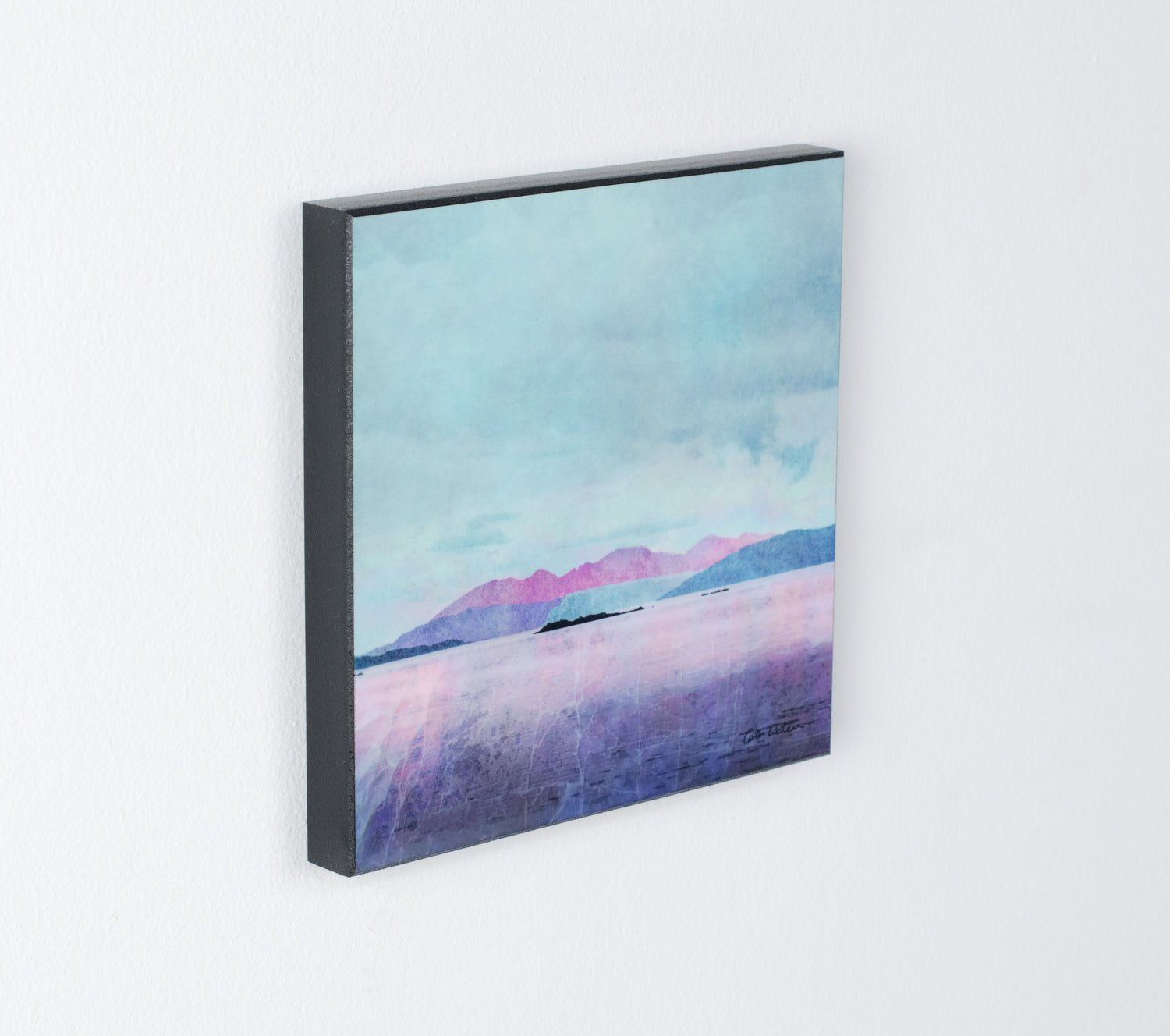 Wood block print Arran (Bute) by Cath Waters: pastel pink purple watercolor mountains under blue sky