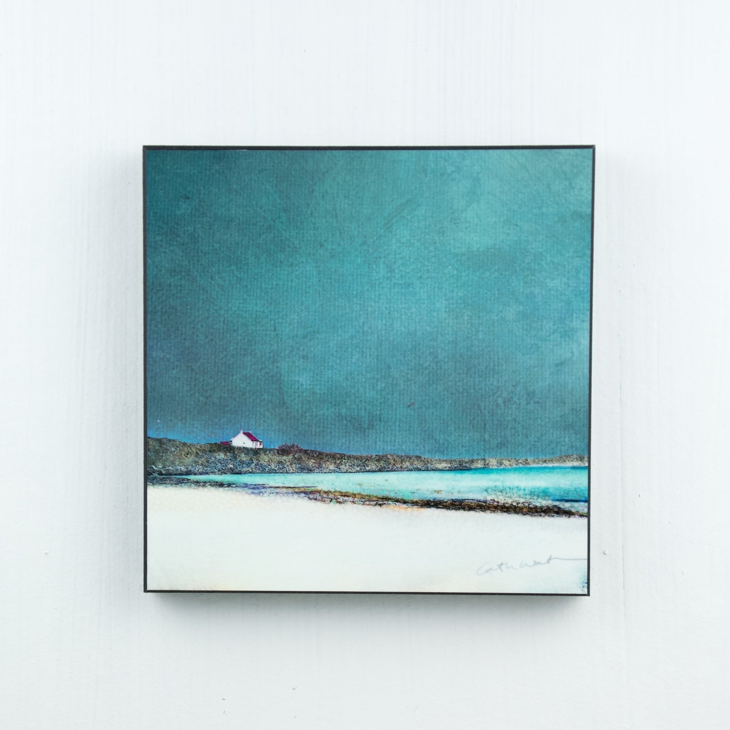 Minimalist coastal wood block print Barra Red Croft by Cath Waters