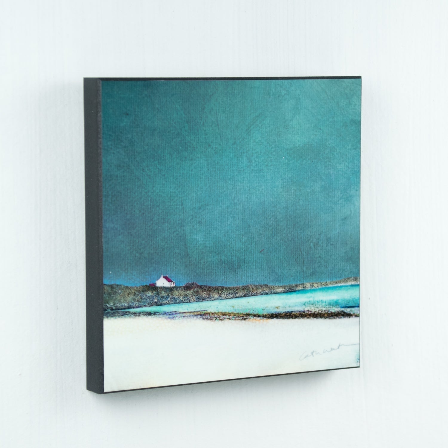 Minimalist coastal wood block print: white house, teal sky, turquoise water by Cath Waters