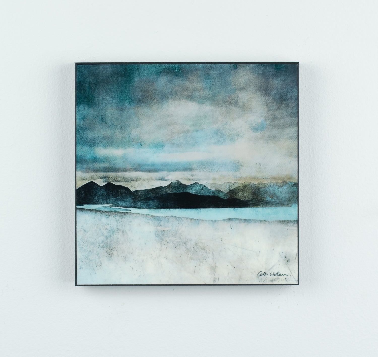 Square-framed abstract Skye Bealach landscape by Cath Waters, layered blues grays whites mountains cloudy sky