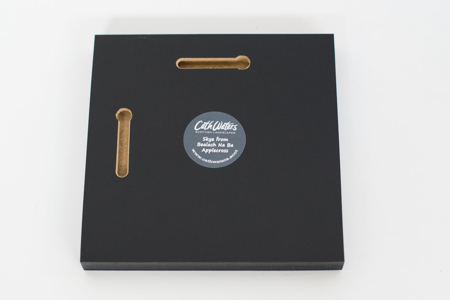 Black rectangular frame with gold loops for Wood Block Print Skye Bealach by Cath Waters