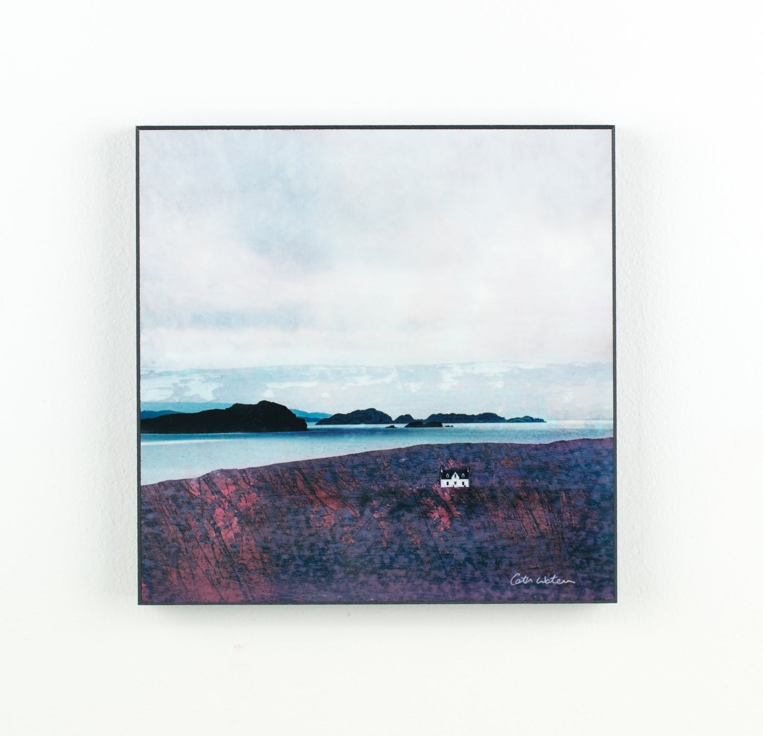 Square-framed wood block print of Cath Waters Summer Isles coastal landscape in muted blues, purples, grays