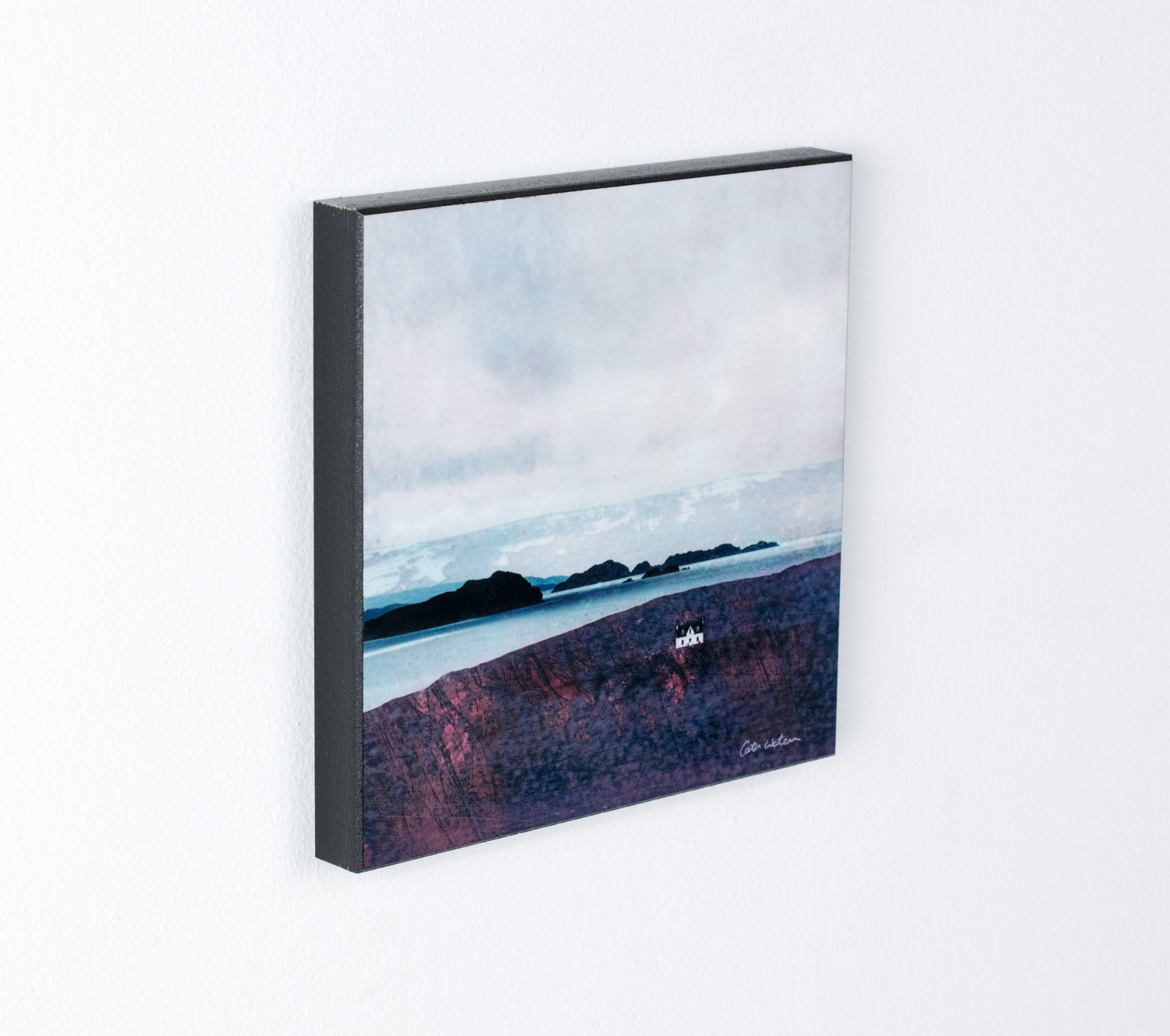 Black-framed Wood Block Print Summer Isles coastal scene by Cath Waters