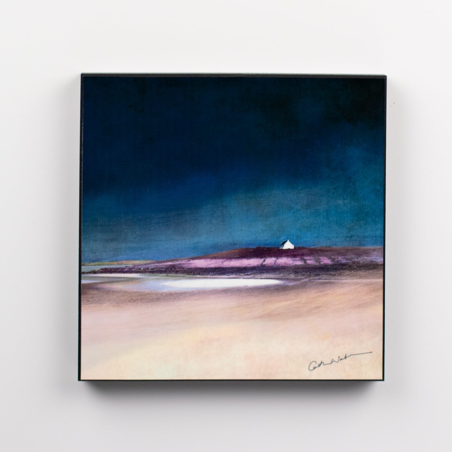 Square white house on purple hill, deep blue sky, Cath Waters Uist Machair wood block print