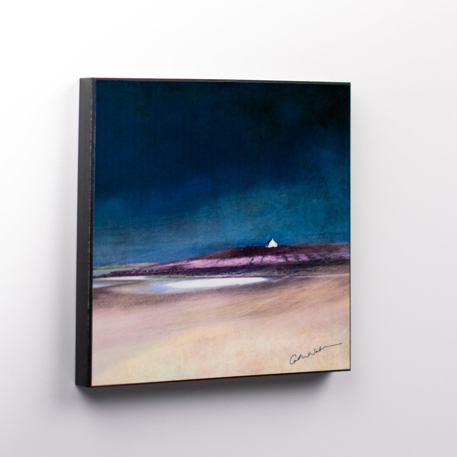 Wood block print of Uist Machair landscape by Cath Waters, dark blue sky and white house