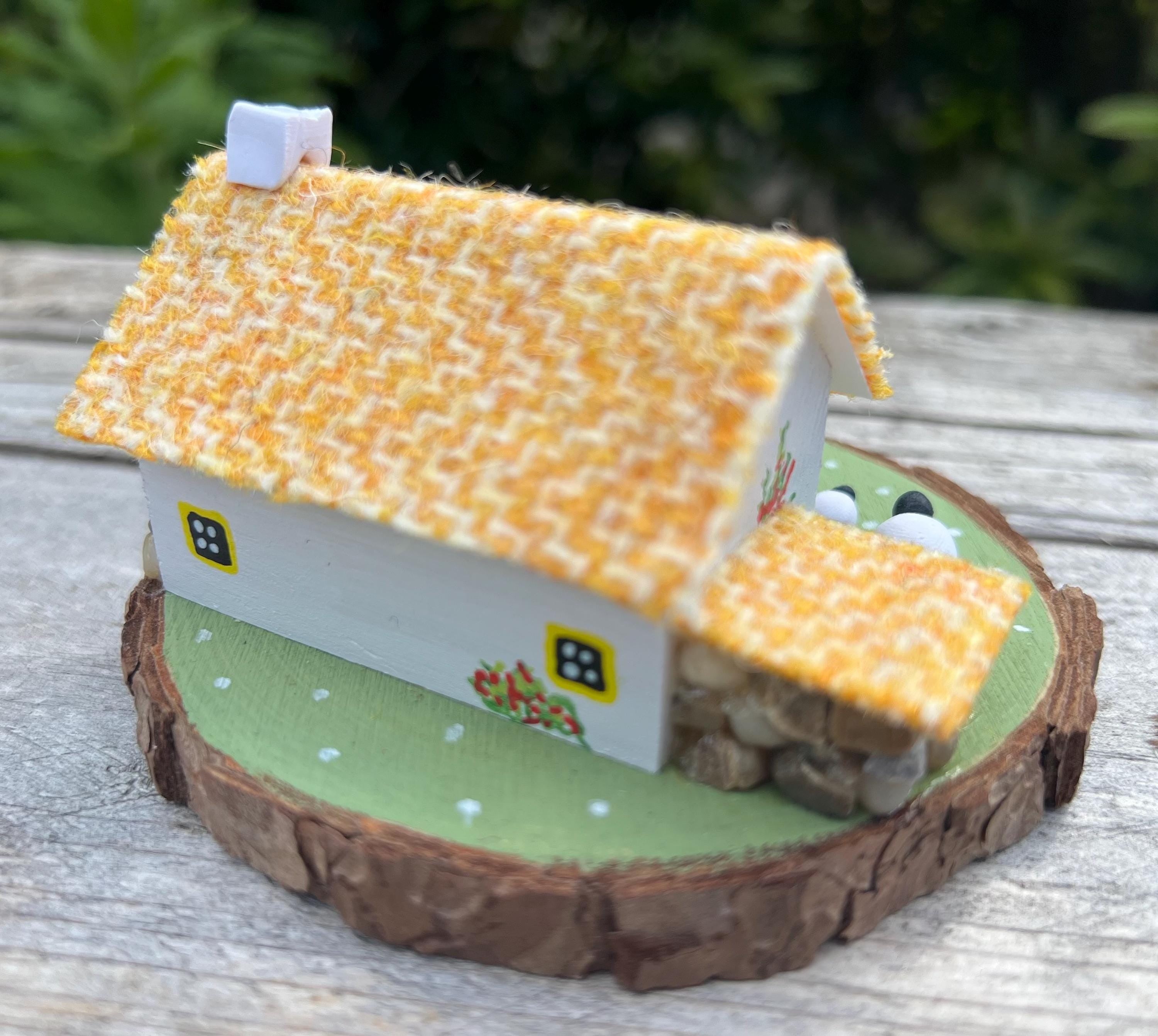Miniature White Cottage with Textured Orange Roof from Yellow Harris Tweed Scottish Bothy product