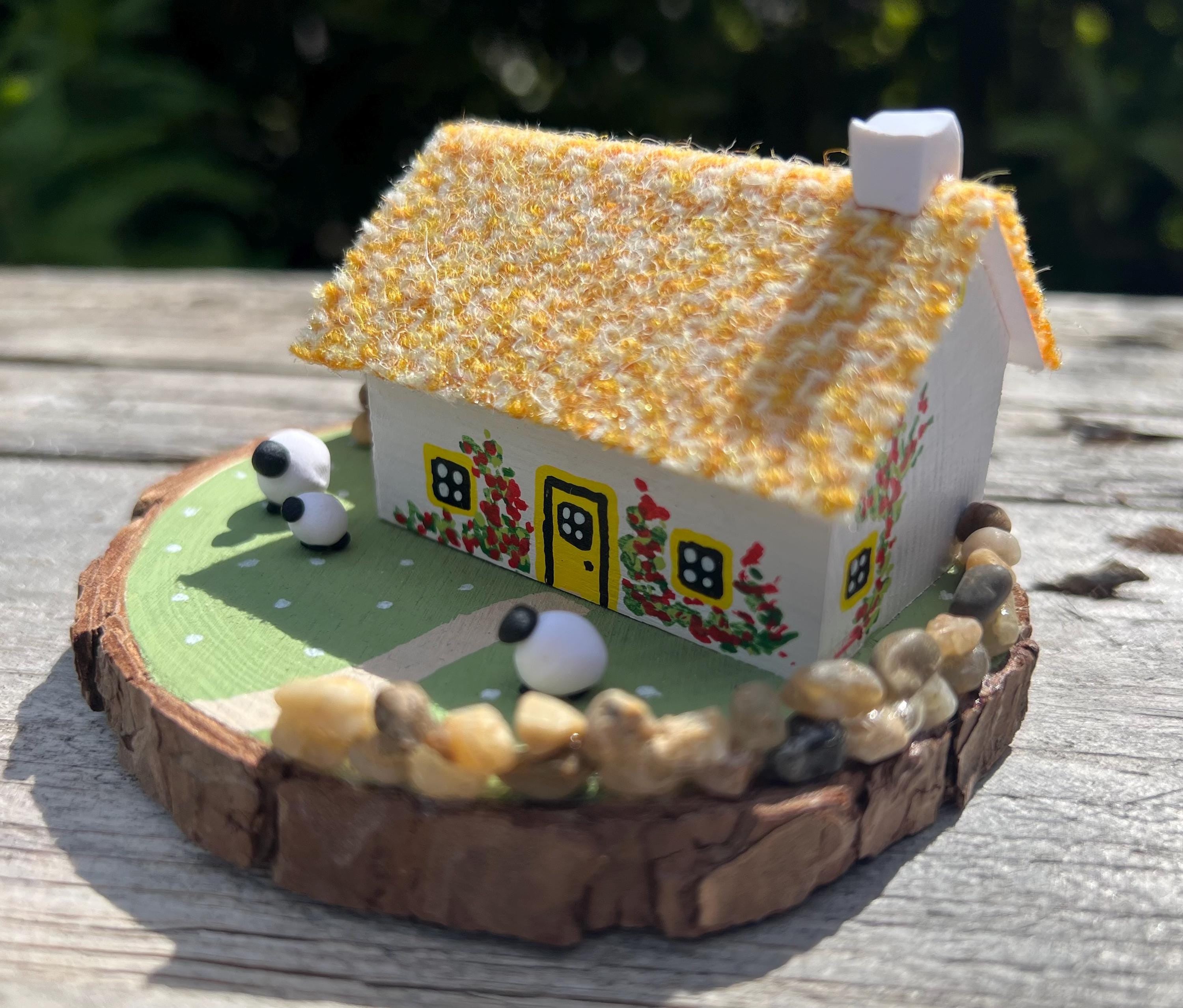 Miniature White Cottage with Thatched Roof, Sheep, and Stone Wall for Yellow Harris Tweed Bothy