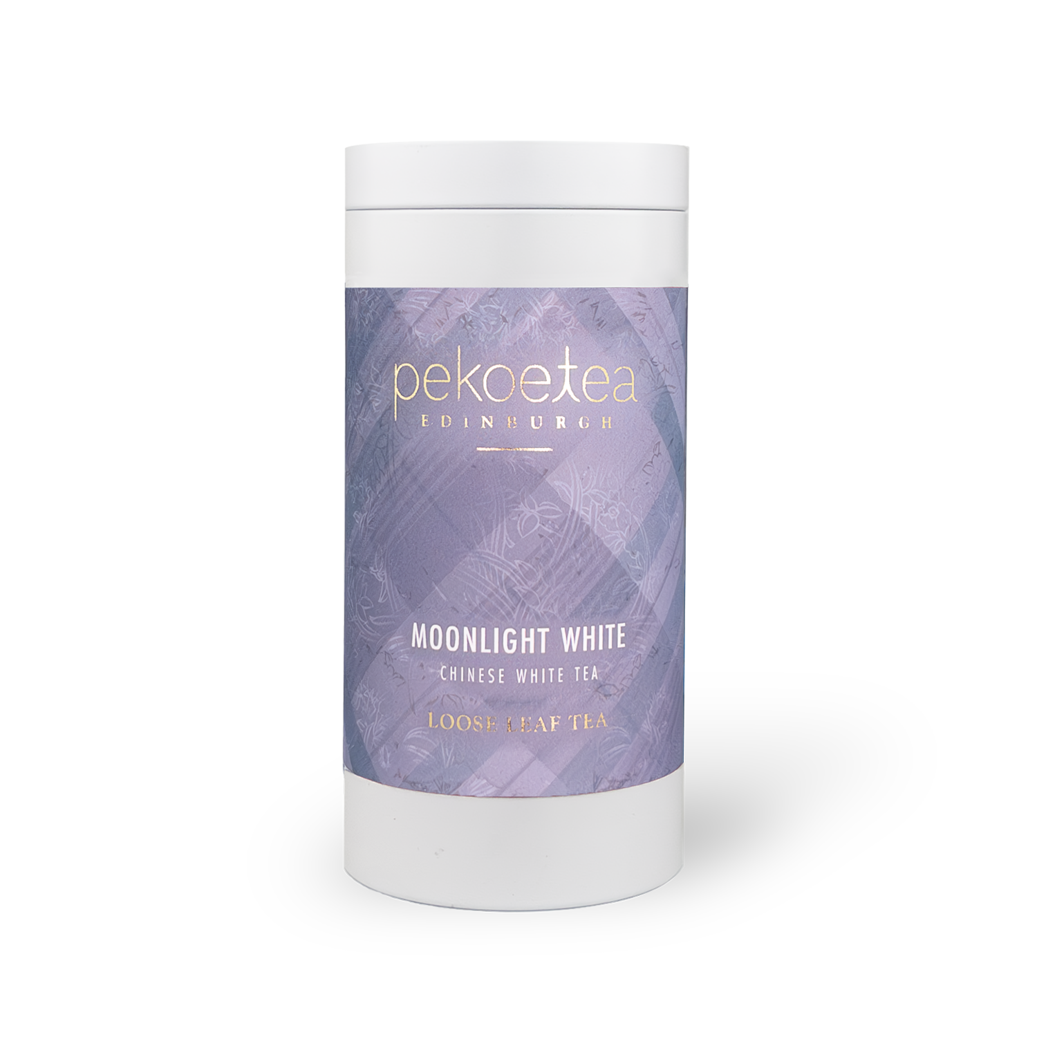 Yunnan Moonlight White Tea in sleek white cylindrical Pekoe Tea Edinburgh container