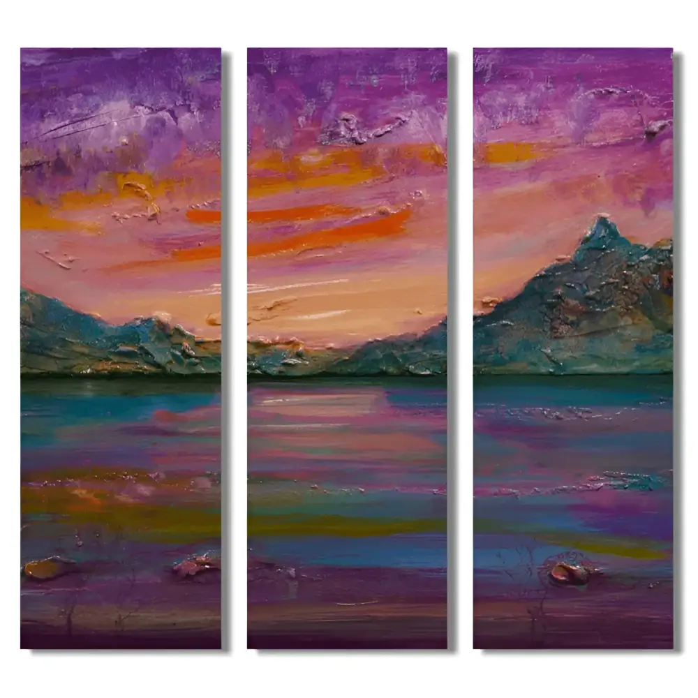 Scottish triptych abstract landscape painting in purple and pink hues with textured brushstrokes and mountain silhouette.