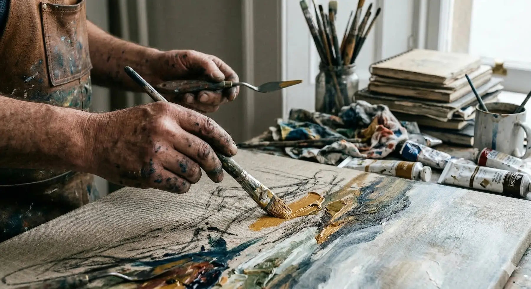 Painter’s paint-stained hands apply golden ochre to textured canvas