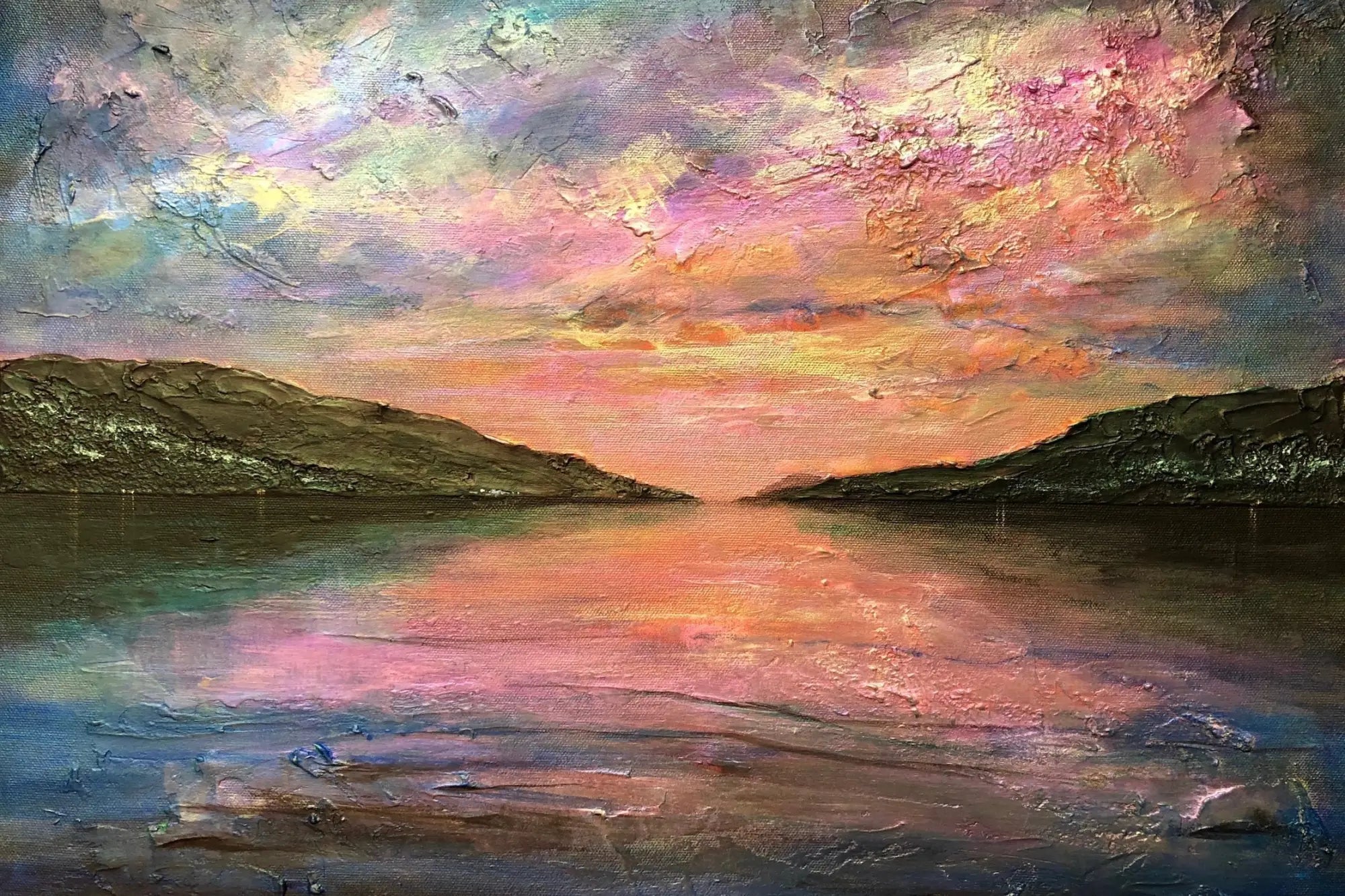 Pastel sunset over Loch Ness in textured Scottish landscape painting