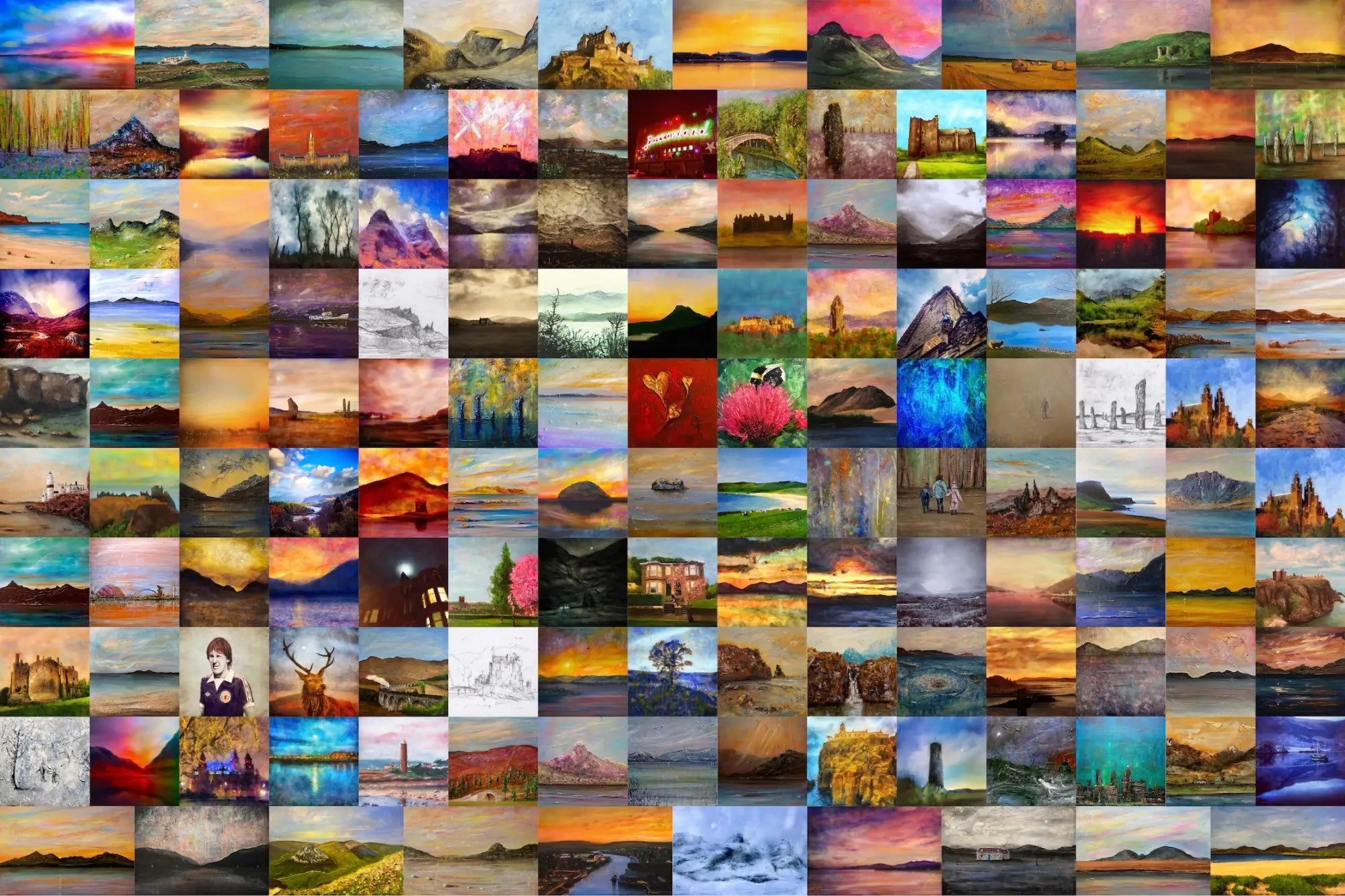 Large grid of diverse Scottish landscape paintings showcased in an article about Scotland’s beauty
