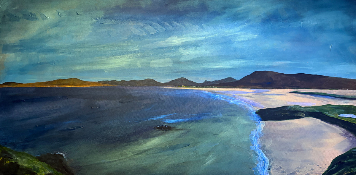 'Seilebost Beach' commission painting by Kevin Hunter – blue-green tide and white sand on Harris under a dusky sky