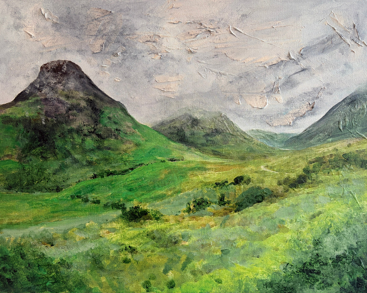 'Whispers Of Glencoe' commission painting by Kevin Hunter – green glen and mountains under grey cloud