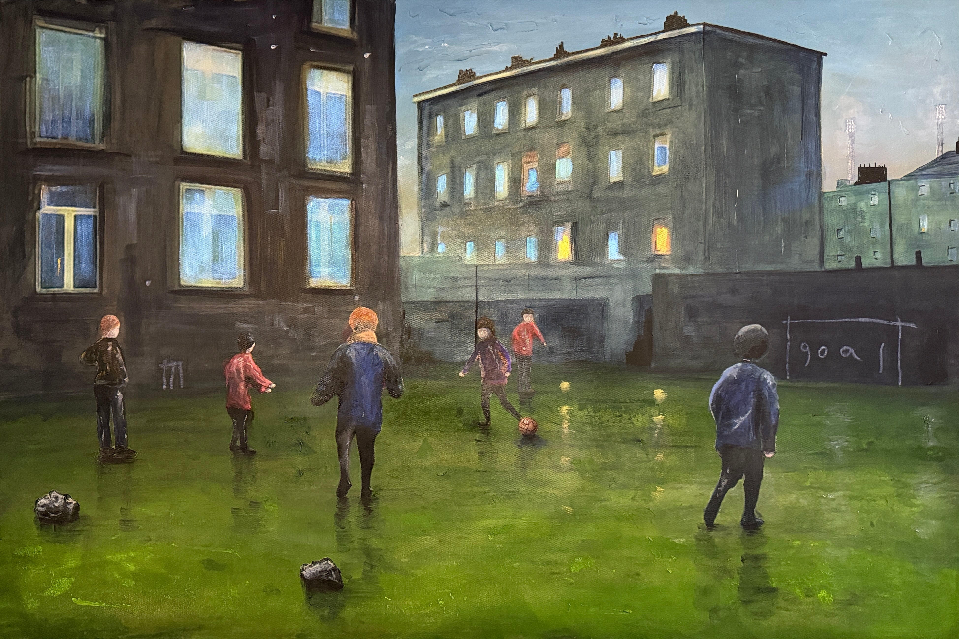 Green soccer field with yellow and black balls in SFA and Hampden Park painting