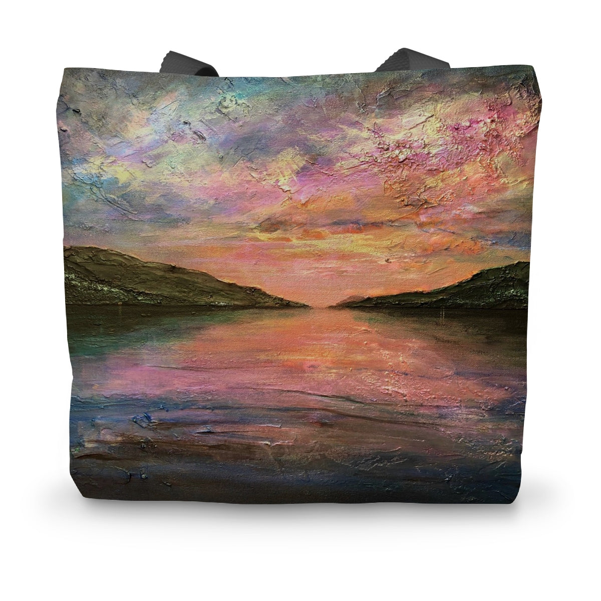Loch Ness Dawn tote bag with impressionistic sunset over water