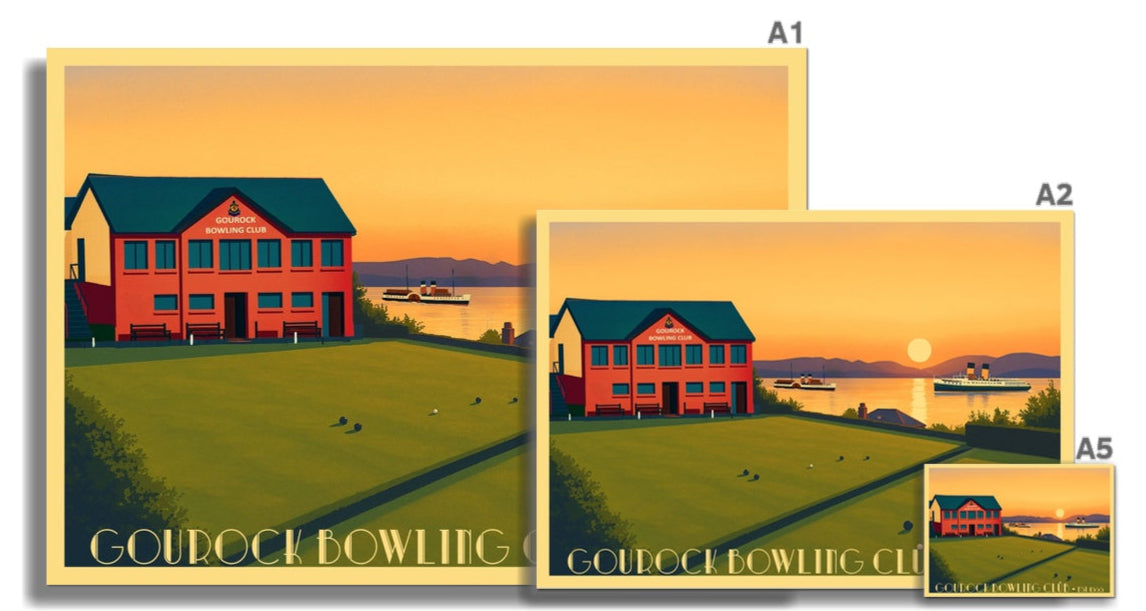 A vibrant red and green gourock bowling club fine art print with a stylized building and dark blue roof at sunset