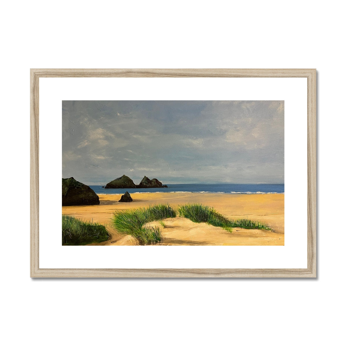 Framed Holywell Beach Cornwall print with sandy tones and ocean waves