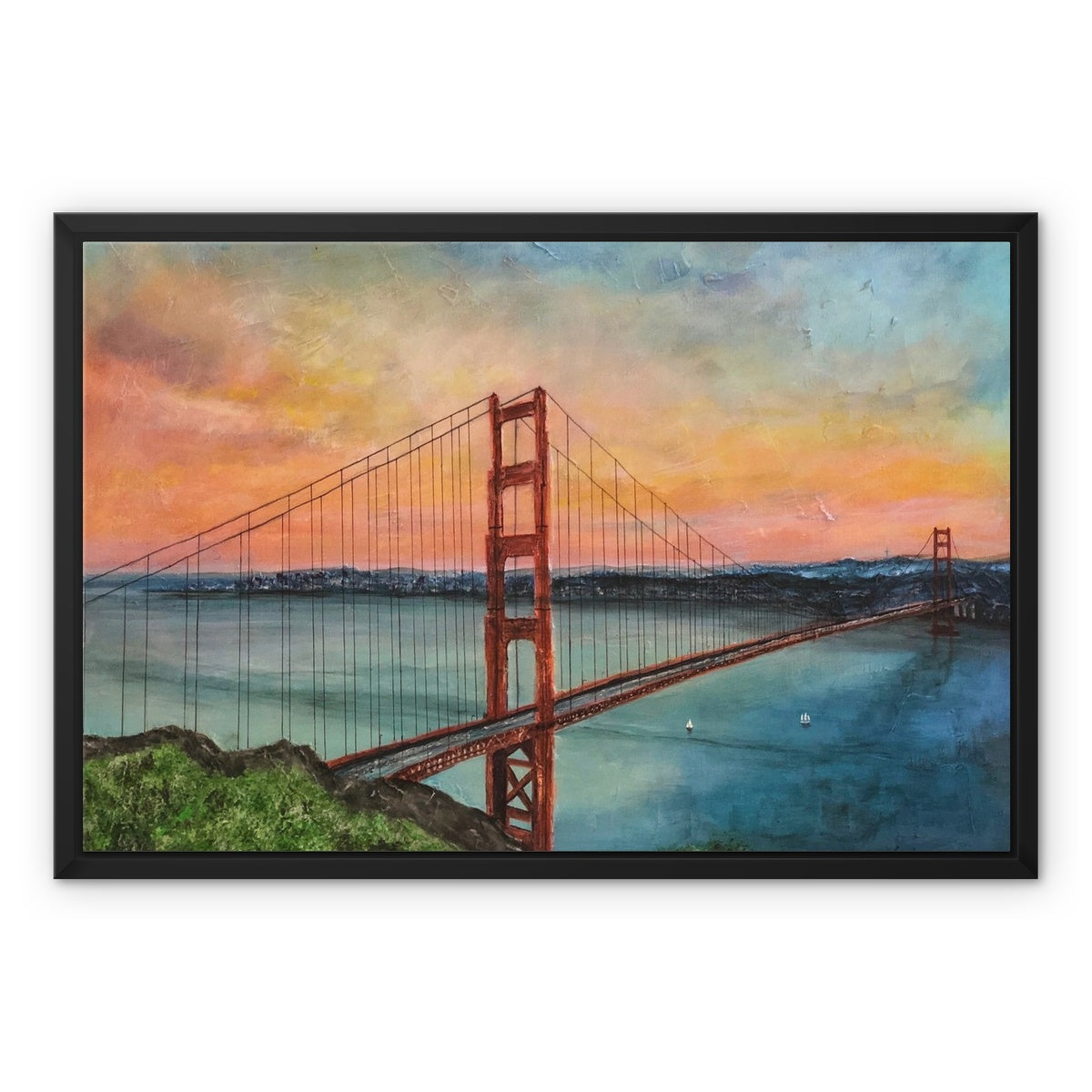 The Golden Gate Bridge Painting | Framed Canvas From Scotland-Floating Framed Canvas Prints-World Art Gallery-24"x18"-Black Frame-Paintings, Prints, Homeware, Art Gifts From Scotland By Scottish Artist Kevin Hunter