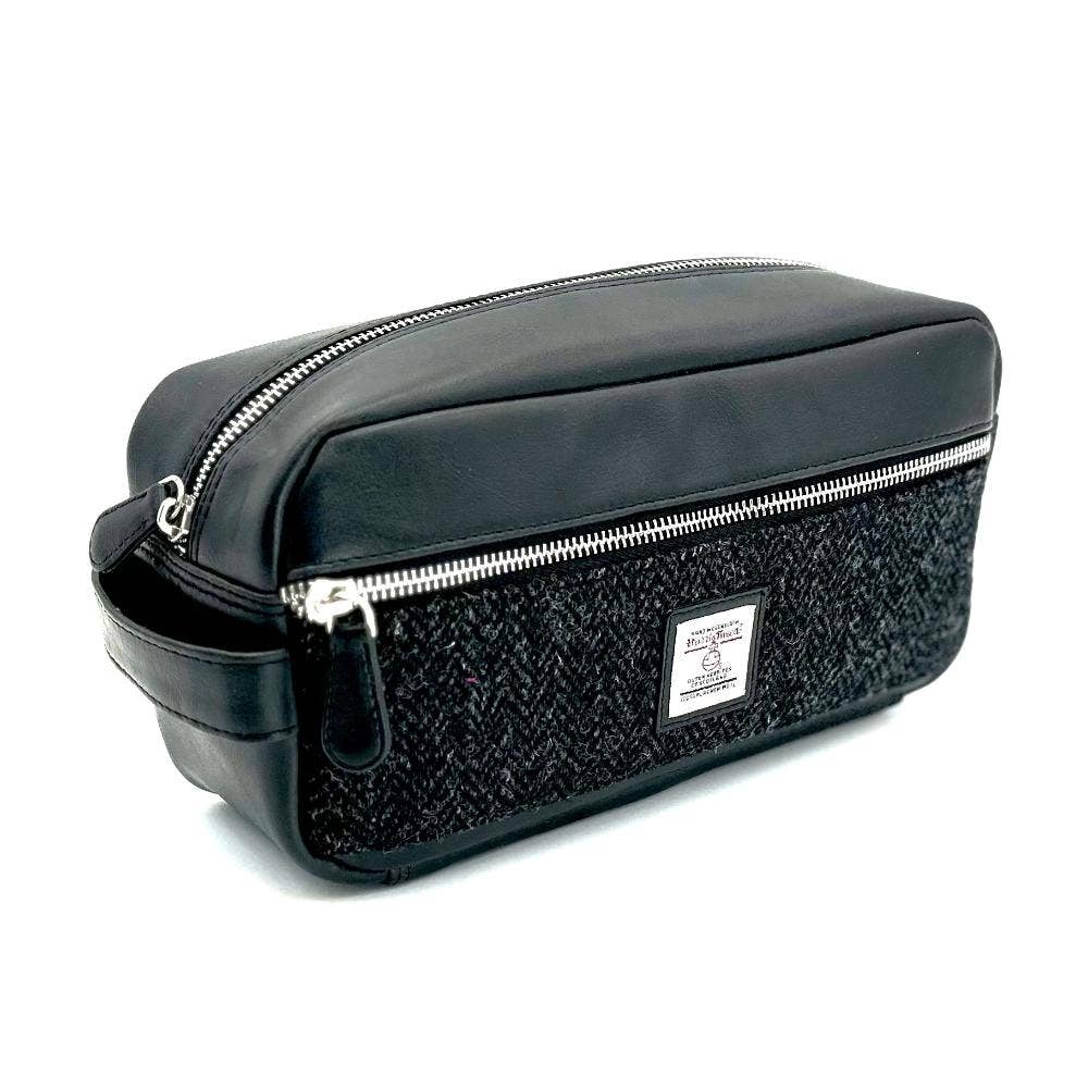 Harris tweed toiletry bag charcoal in black leather and tweed with silver zippers for stylish travel organization