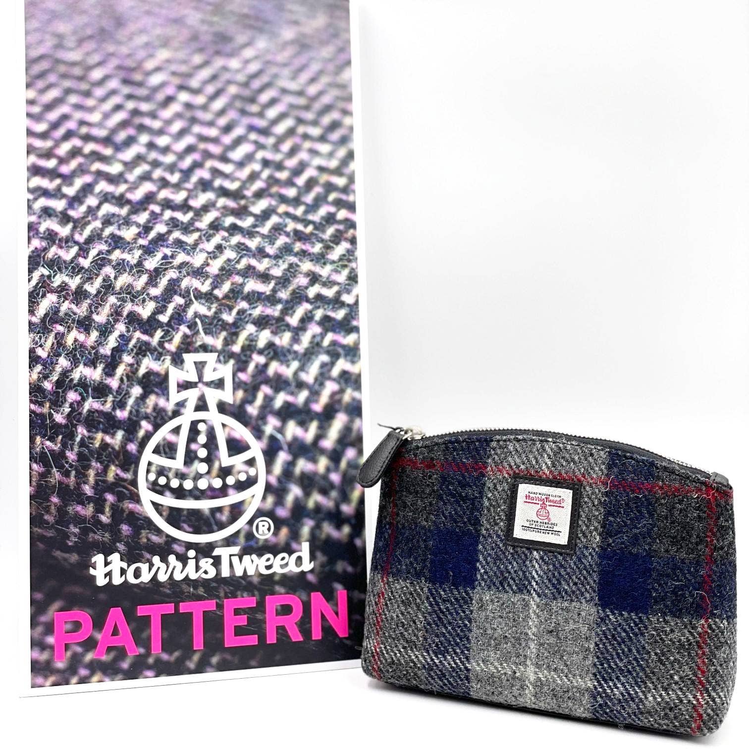Harris tweed cosmetic bag blue check with navy blue grey and red plaid pattern and black zipper compact pouch