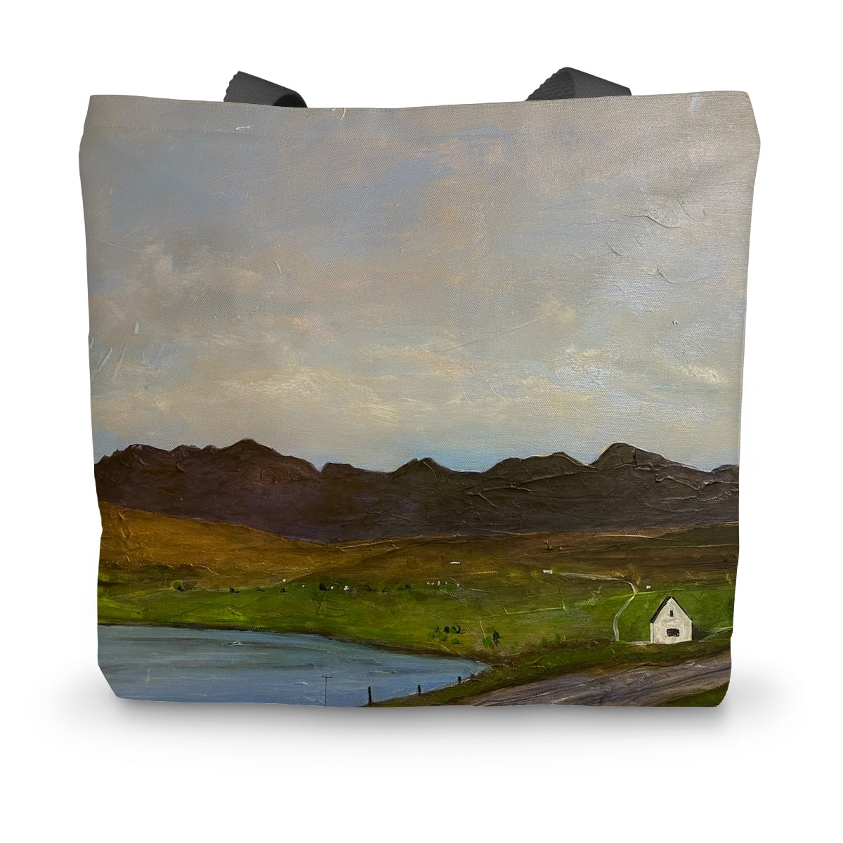 The Road To Carbost canvas tote bag with painted mountain landscape
