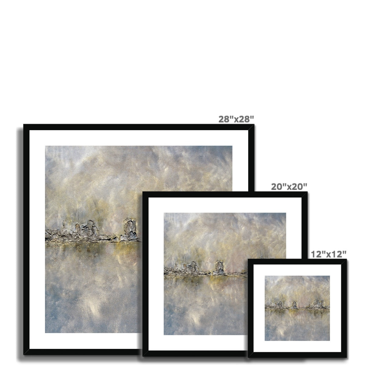 28x28in Black-Framed Glasgow Docks in Mist Abstract Print with Silver Gold Accents