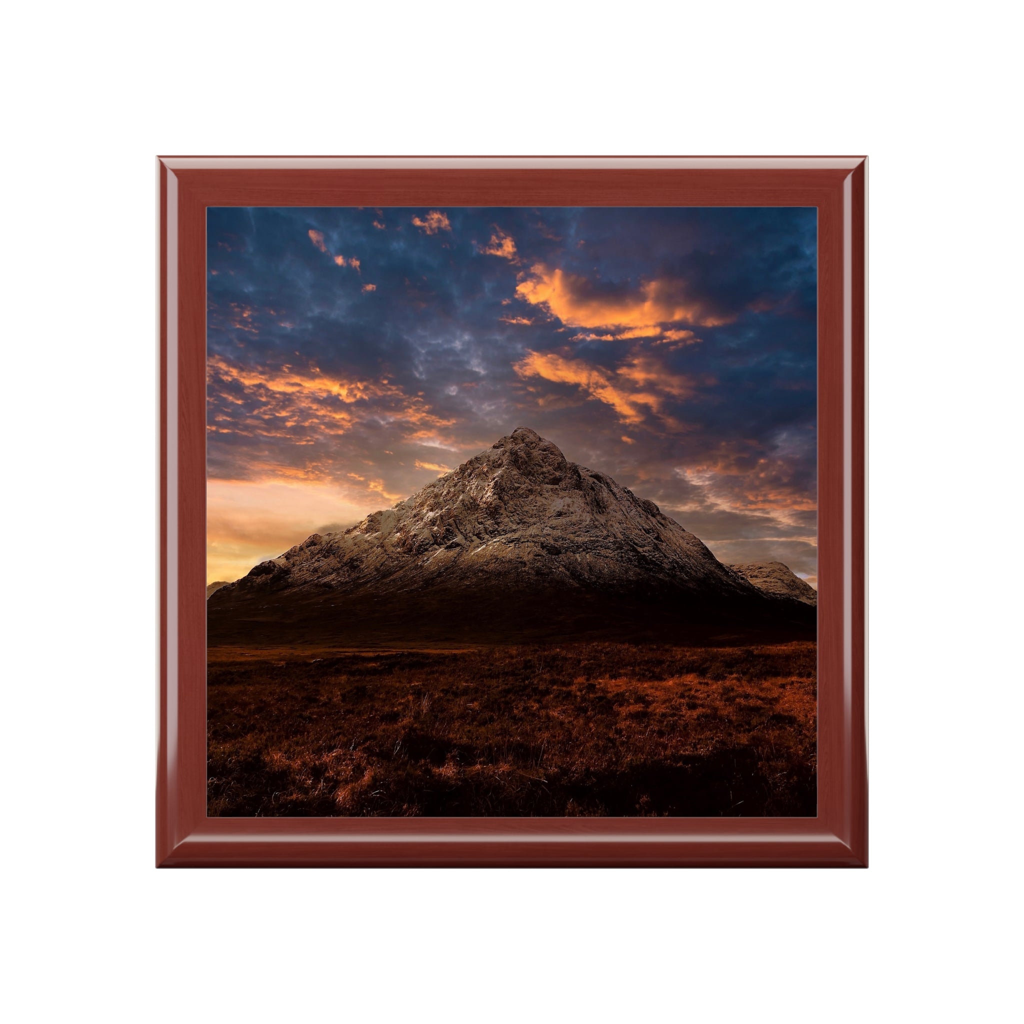Brown wooden framed Buachaille Etive Mor dusk landscape coaster set