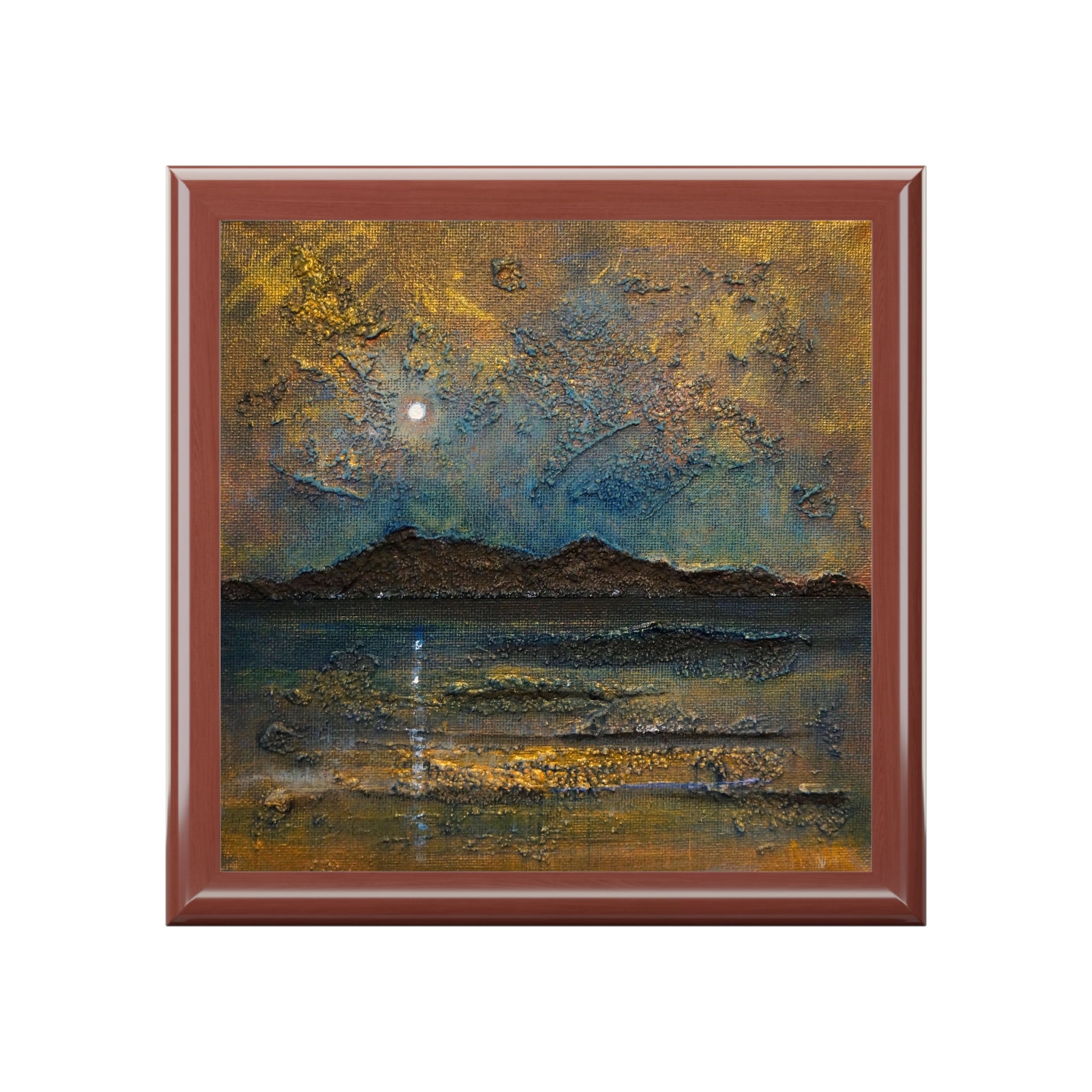 Arran Moonlight brown wooden framed abstract painting with golden accents